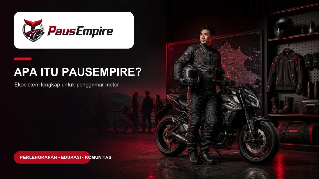 Poster Apa Itu PausEmpire sebagai ekosistem perlengkapan dan informasi bagi penggemar motor