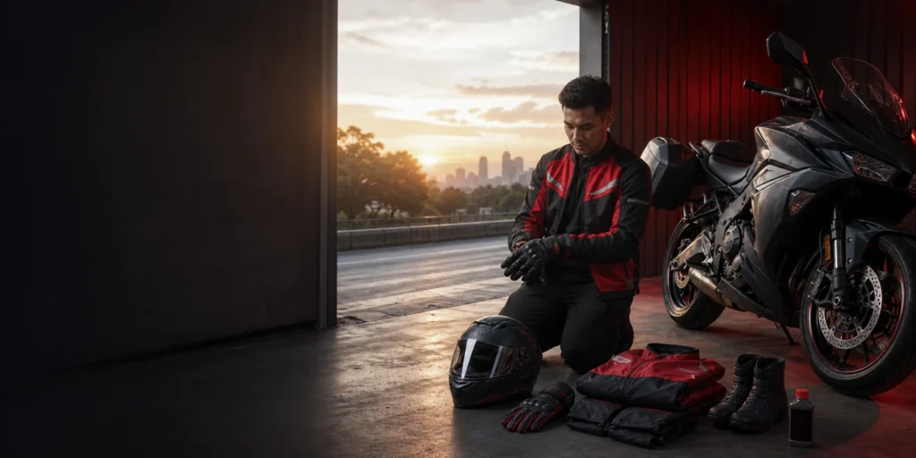 Pengendara motor menyiapkan helm dan perlengkapan riding PausEmpire