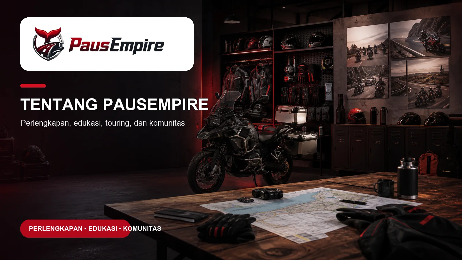 Poster Tentang PausEmpire sebagai penyedia perlengkapan, edukasi, touring, dan komunitas motor