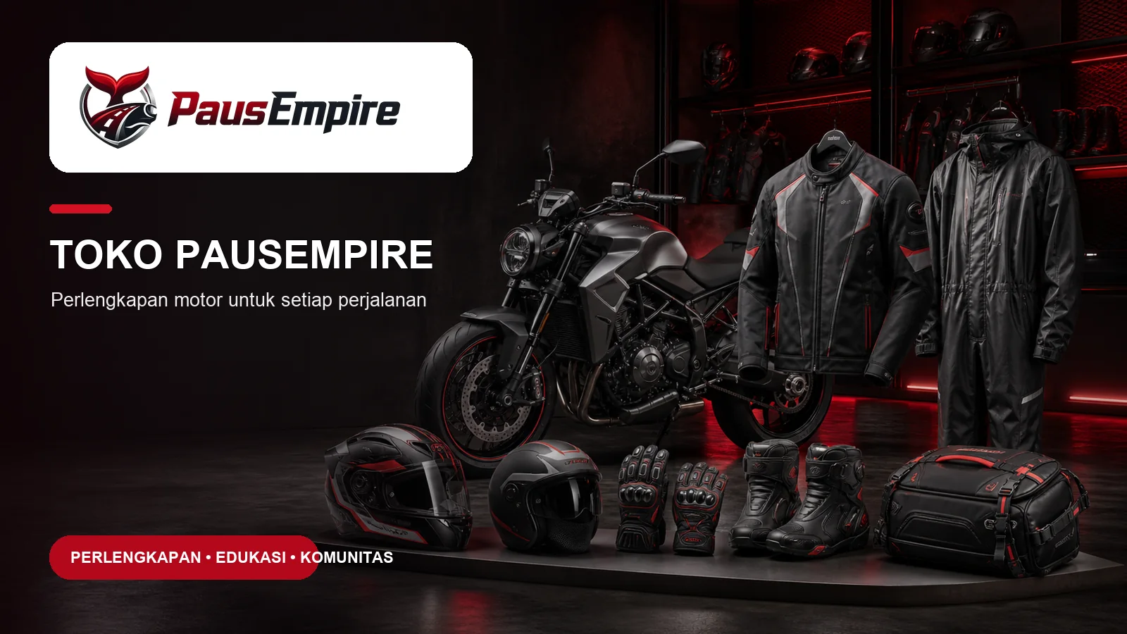 Poster Toko PausEmpire dengan perlengkapan motor untuk riding harian dan touring