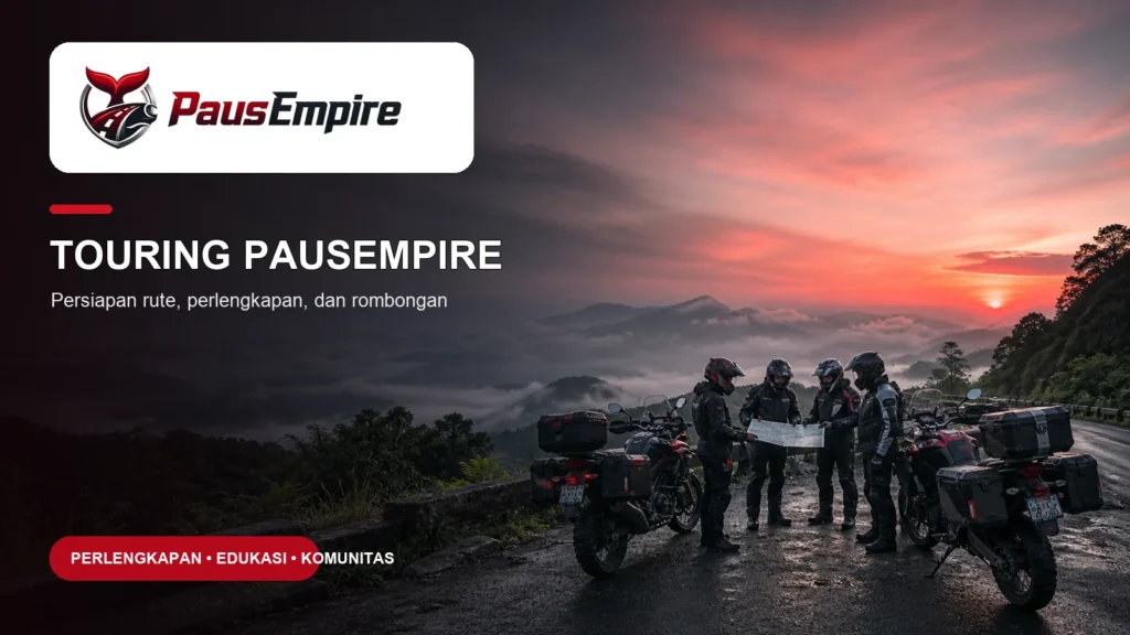 Poster Touring PausEmpire tentang persiapan rute, perlengkapan, dan rombongan motor